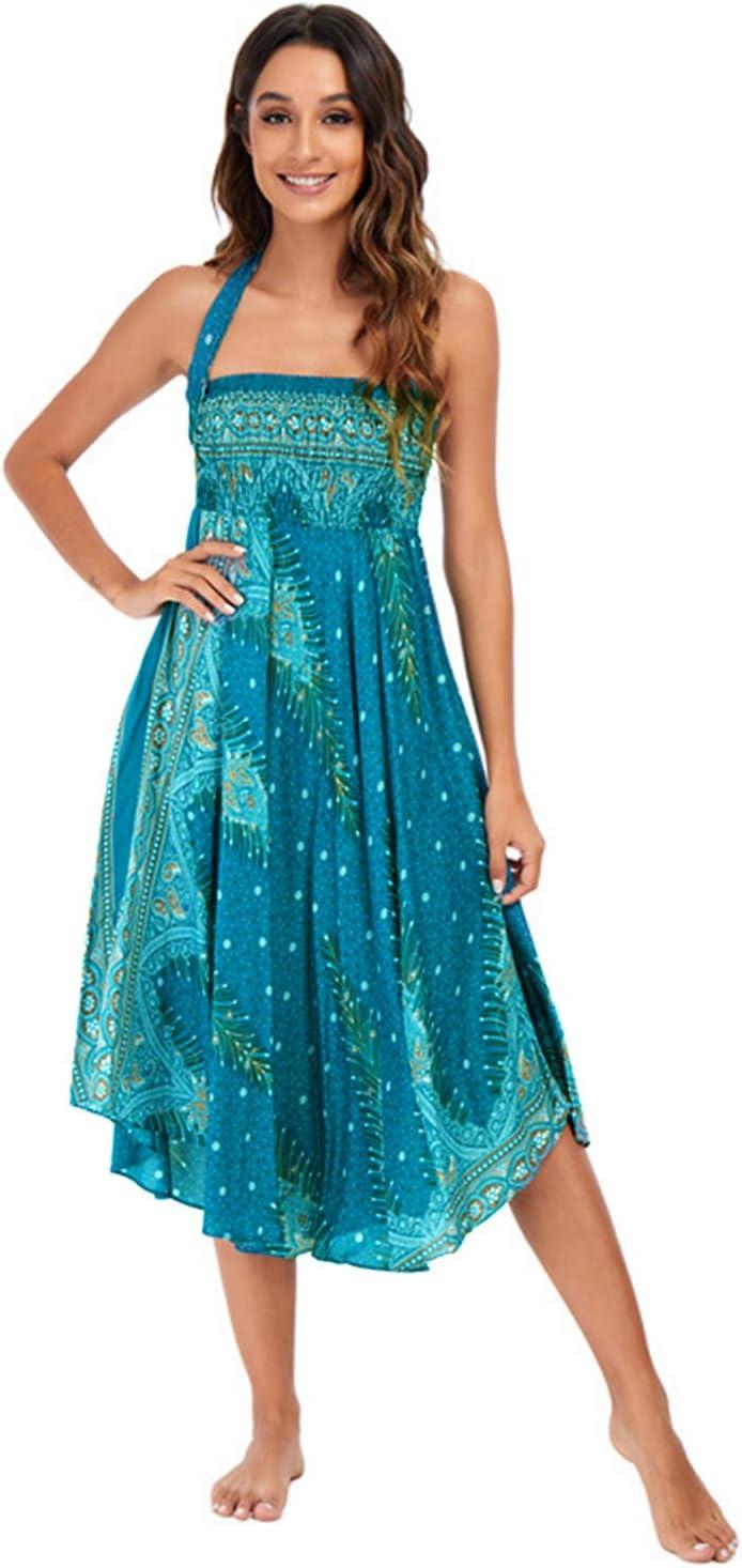 image:imageFemme Robe Imprim Fleurie Ete Boheme Jupe Style Ethnique 2 en 1 sans Manche Plage Strap Wrap Taille UniqueHvert Bleu