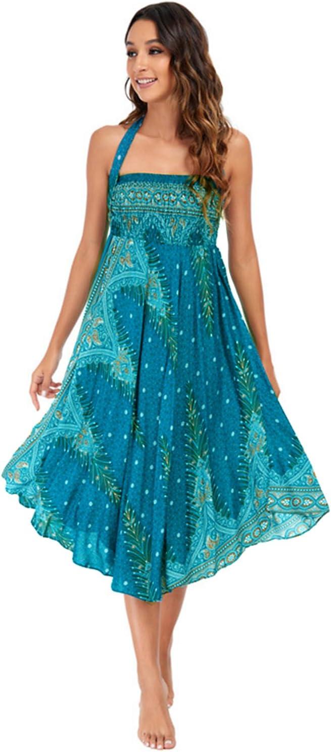 image:imageFemme Robe Imprim Fleurie Ete Boheme Jupe Style Ethnique 2 en 1 sans Manche Plage Strap Wrap Taille UniqueHvert Bleu