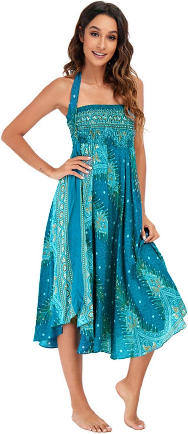 image:imageFemme Robe Imprim Fleurie Ete Boheme Jupe Style Ethnique 2 en 1 sans Manche Plage Strap Wrap Taille UniqueHvert Bleu