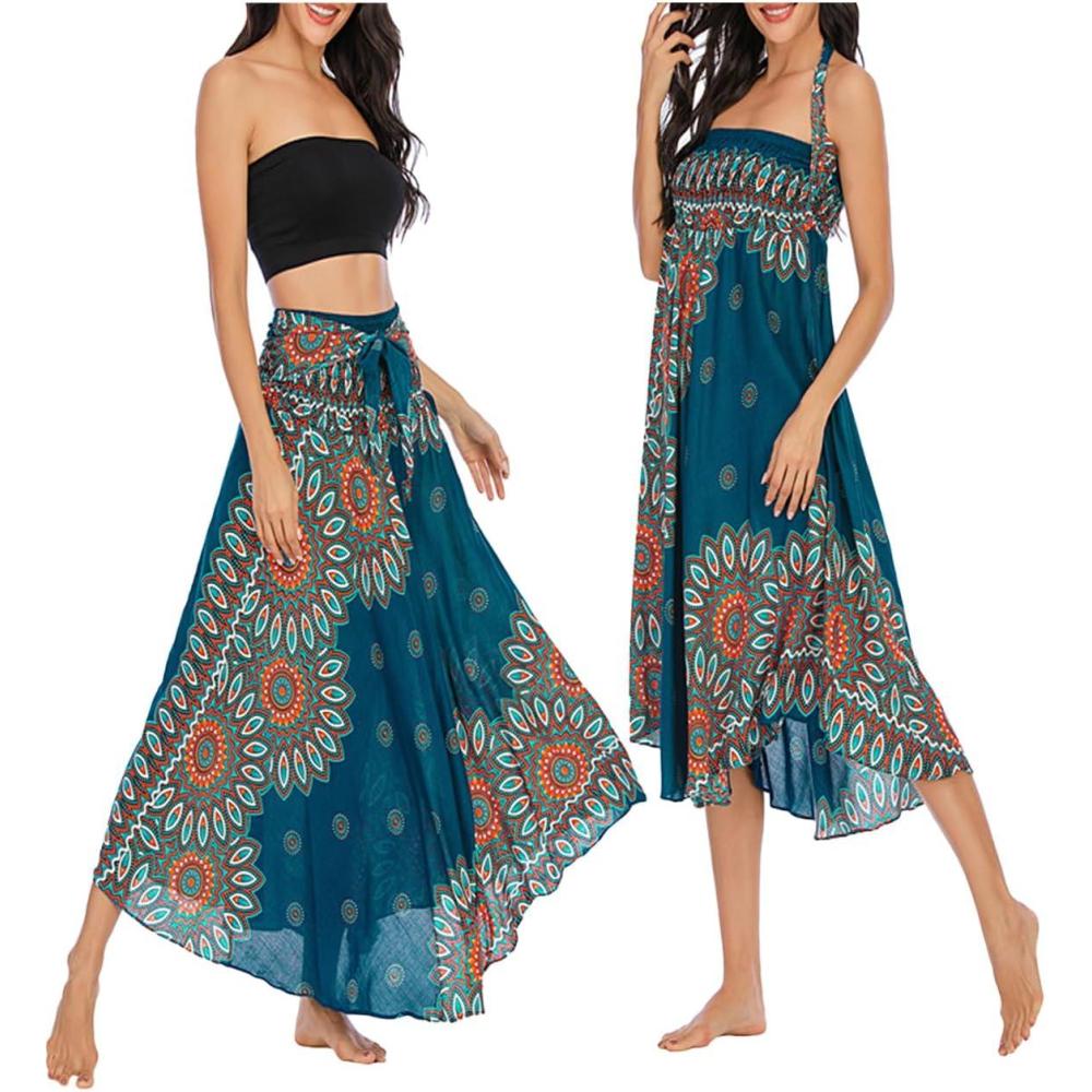 image:imageFemme Robe Imprim Fleurie Ete Boheme Jupe Style Ethnique 2 en 1 sans Manche Plage Strap Wrap Taille UniqueGvert Bleu