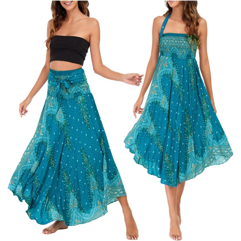 image:imageFemme Robe Imprim Fleurie Ete Boheme Jupe Style Ethnique 2 en 1 sans Manche Plage Strap Wrap Taille UniqueHvert Bleu