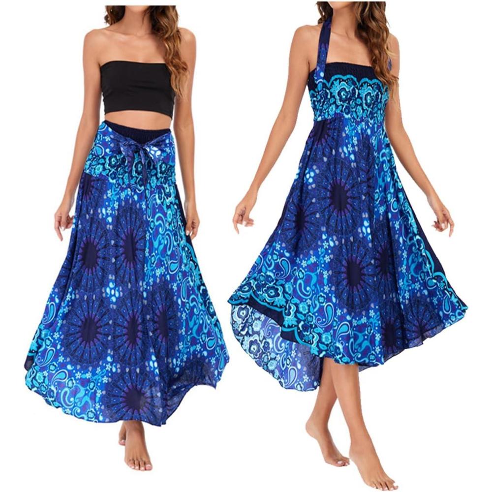 image:imageFemme Robe Imprim Fleurie Ete Boheme Jupe Style Ethnique 2 en 1 sans Manche Plage Strap Wrap Taille UniqueIbleu