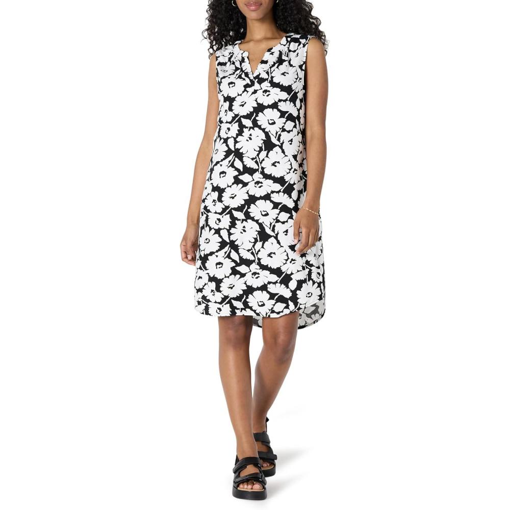 image:imageAmazon Essentials Robe Droite Tisse sans Manches FemmeBlanc Noir Fleuri Abstrait