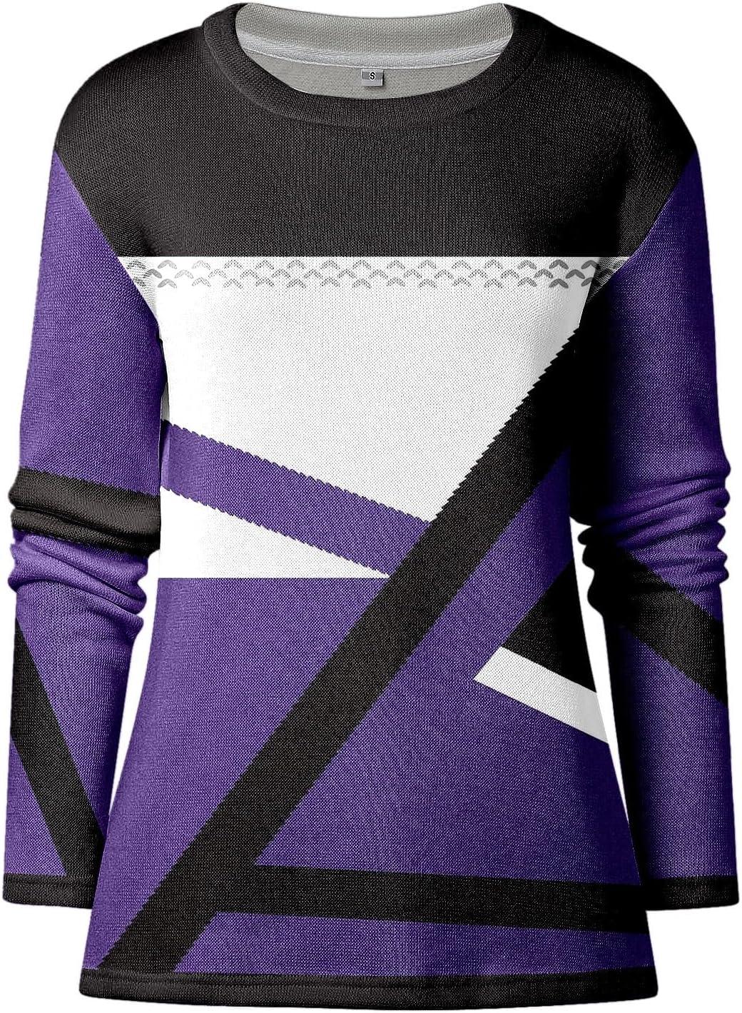 image:imageGnrique Patchwork Pull Fin Femme Manche Longue Col Rond Pull Leger Femme Automne Hiver Chaud Chic et lgant Blocs De Couleurs Mode Confortable Chandail Long Grande Taille Jacquard Ideal PulloverViolet 2