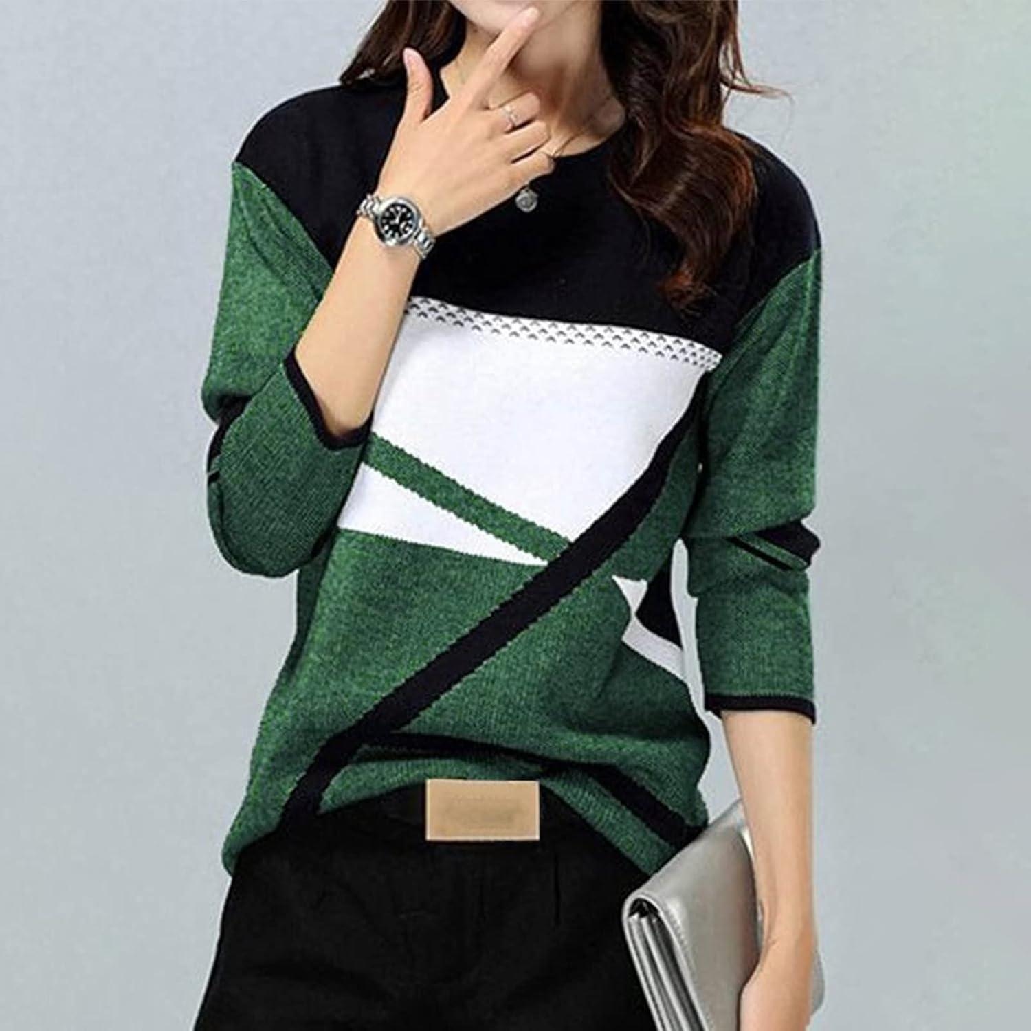 image:imageGnrique Patchwork Pull Fin Femme Manche Longue Col Rond Pull Leger Femme Automne Hiver Chaud Chic et lgant Blocs De Couleurs Mode Confortable Chandail Long Grande Taille Jacquard Ideal PulloverVert 4