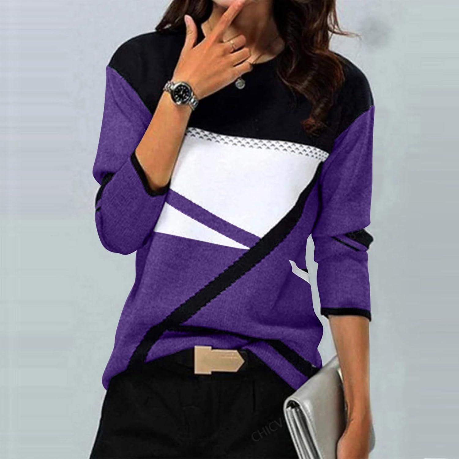 image:imageGnrique Patchwork Pull Fin Femme Manche Longue Col Rond Pull Leger Femme Automne Hiver Chaud Chic et lgant Blocs De Couleurs Mode Confortable Chandail Long Grande Taille Jacquard Ideal PulloverViolet 2