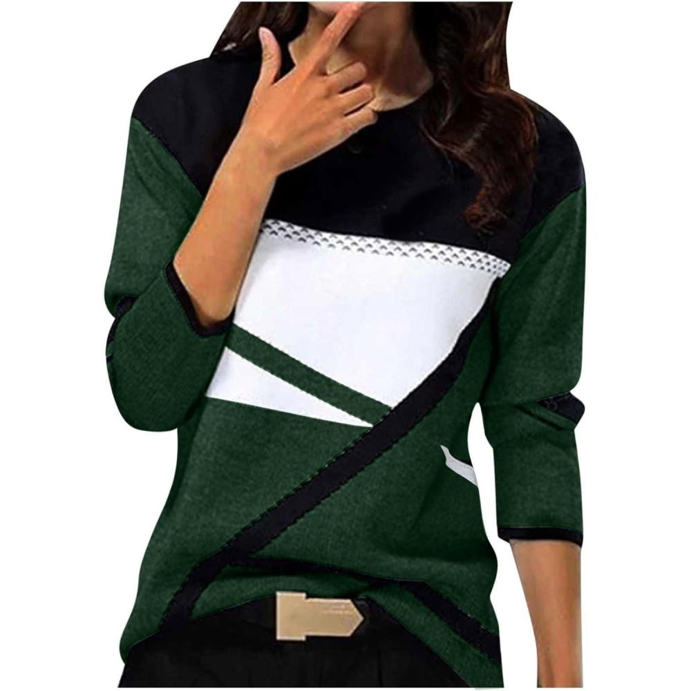 image:imageGnrique Patchwork Pull Fin Femme Manche Longue Col Rond Pull Leger Femme Automne Hiver Chaud Chic et lgant Blocs De Couleurs Mode Confortable Chandail Long Grande Taille Jacquard Ideal PulloverVert 2