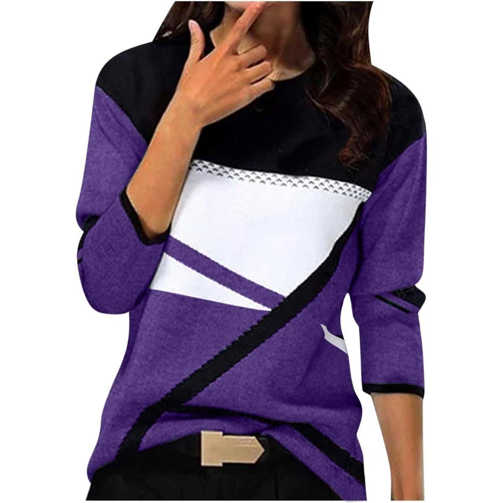 image:imageGnrique Patchwork Pull Fin Femme Manche Longue Col Rond Pull Leger Femme Automne Hiver Chaud Chic et lgant Blocs De Couleurs Mode Confortable Chandail Long Grande Taille Jacquard Ideal PulloverViolet 2