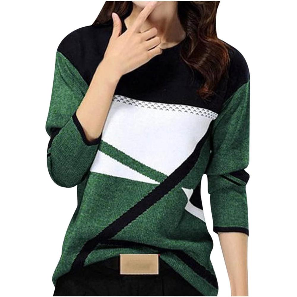 image:imageGnrique Patchwork Pull Fin Femme Manche Longue Col Rond Pull Leger Femme Automne Hiver Chaud Chic et lgant Blocs De Couleurs Mode Confortable Chandail Long Grande Taille Jacquard Ideal PulloverVert 4