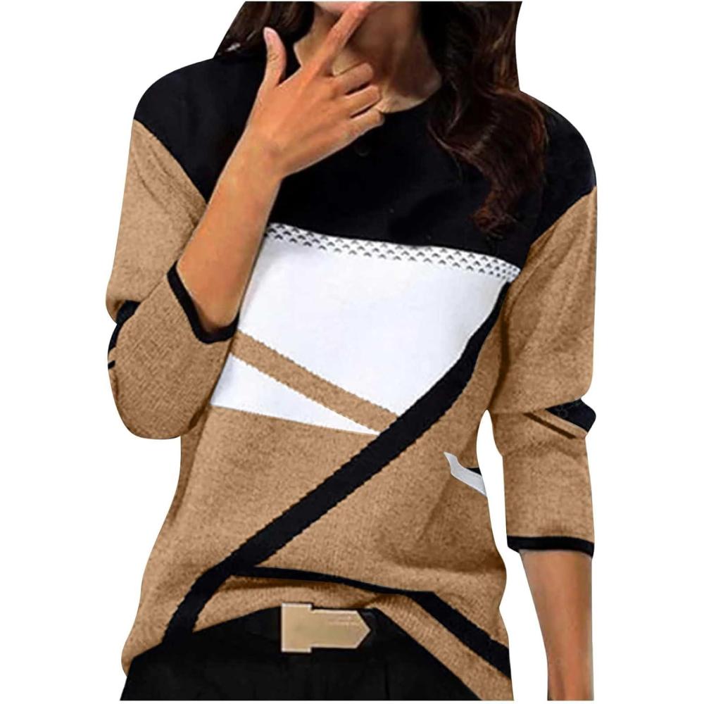 image:imageGnrique Patchwork Pull Fin Femme Manche Longue Col Rond Pull Leger Femme Automne Hiver Chaud Chic et lgant Blocs De Couleurs Mode Confortable Chandail Long Grande Taille Jacquard Ideal PulloverKaki 3