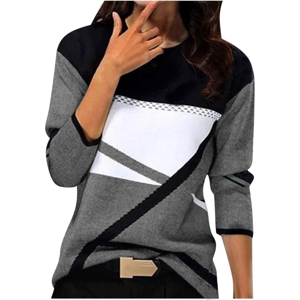 image:imageGnrique Patchwork Pull Fin Femme Manche Longue Col Rond Pull Leger Femme Automne Hiver Chaud Chic et lgant Blocs De Couleurs Mode Confortable Chandail Long Grande Taille Jacquard Ideal PulloverGrey 2