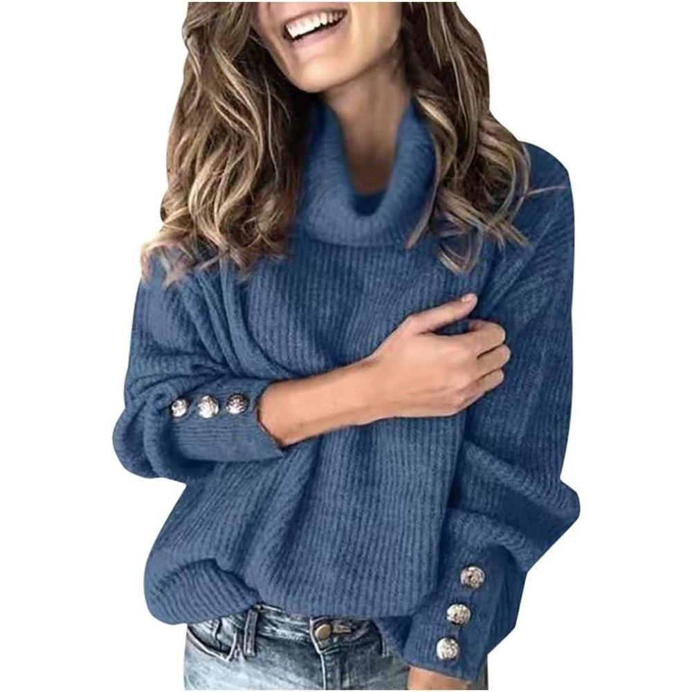 image:imagePull Femme Chic Chaud Col Roul Pulls En Tricot Chic Et Elegant Hiver Chaud Manches Longues Pull Cachemire Couleur Unie Lger Sweater Pas Cher Elstique Pullover Dcontracts Ample VtementsZ1blue