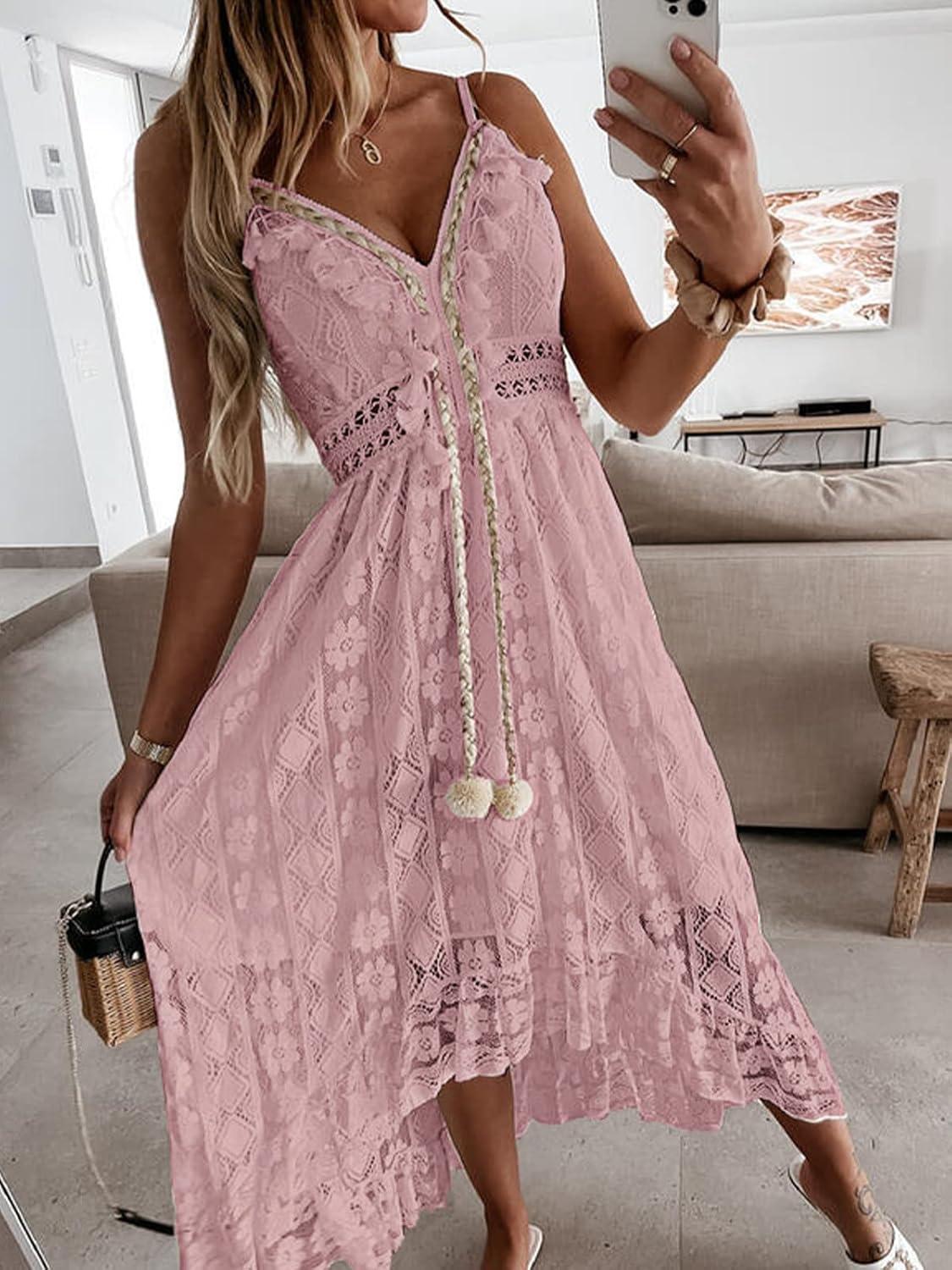 image:imageCUPSHE Robe dt pour Femme Boho Maxi Lacets avec Pompon col en V vas Volants Robes de PlageRose