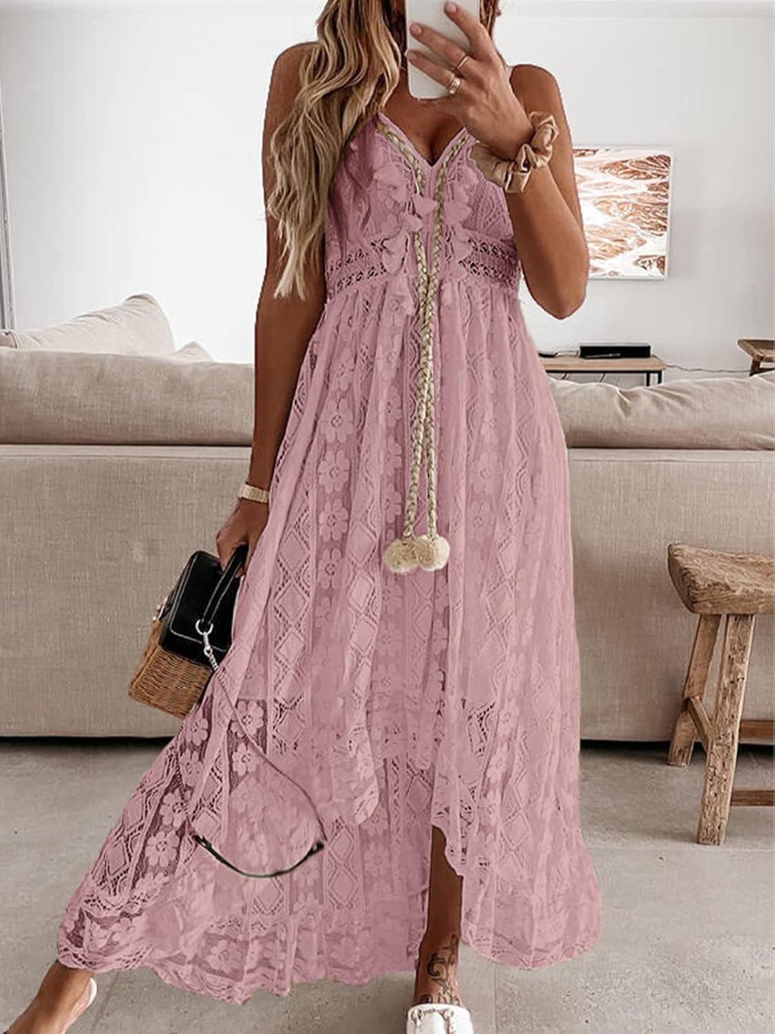 image:imageCUPSHE Robe dt pour Femme Boho Maxi Lacets avec Pompon col en V vas Volants Robes de PlageRose