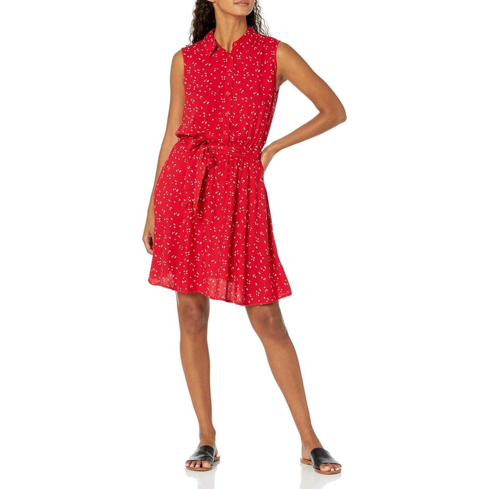 image:imageAmazon Essentials Femme RobeChemise Tisse Coupe Dcontracte sans ManchesRouge Leafy Floral