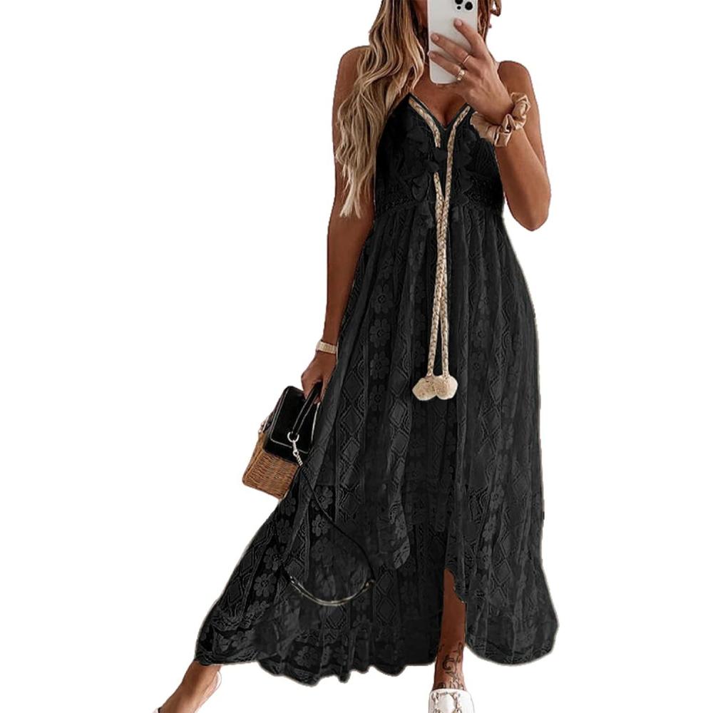 image:imageCUPSHE Robe dt pour Femme Boho Maxi Lacets avec Pompon col en V vas Volants Robes de PlageNoir