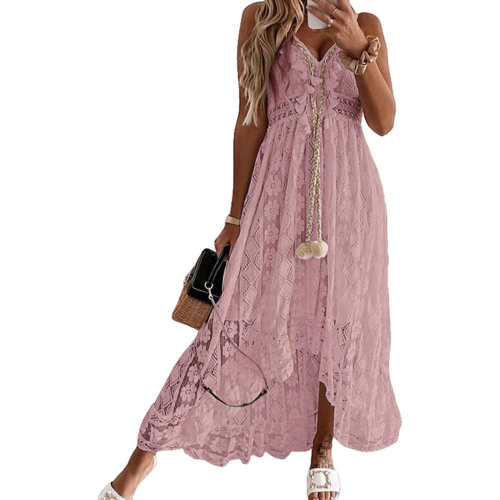 image:imageCUPSHE Robe dt pour Femme Boho Maxi Lacets avec Pompon col en V vas Volants Robes de PlageRose