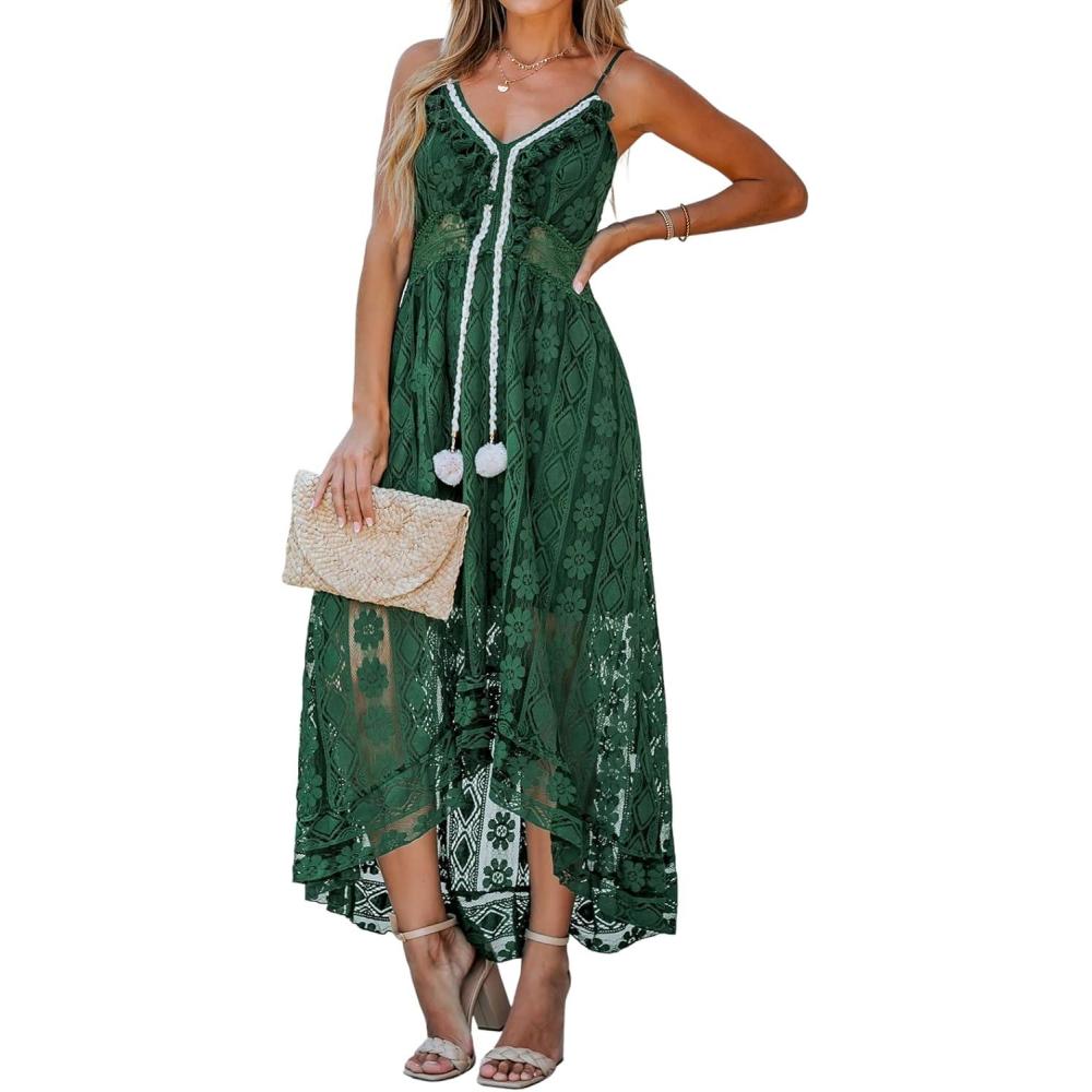 image:imageCUPSHE Robe dt pour Femme Boho Maxi Lacets avec Pompon col en V vas Volants Robes de PlageVert Clair