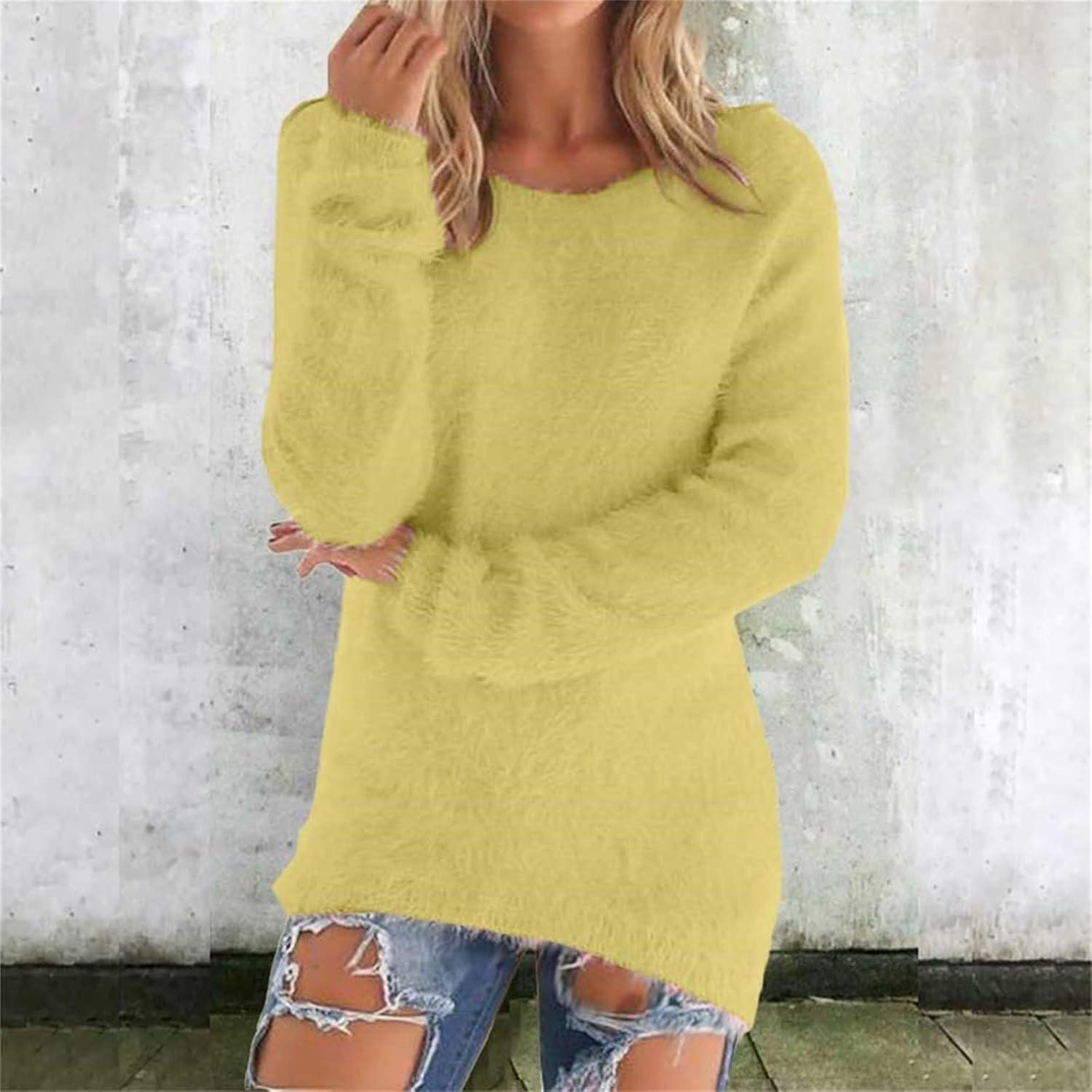 image:imagePull Femme Automne Hiver Col Rond DContract Ample Mohair Tricot Jacquard Couleur Unie Chic Elegant Sweat Femme Polaire Chaud Ample Mode Pullover Manche Longue Pulls Tops Pas CherJaune