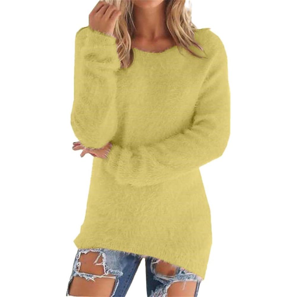 image:imagePull Femme Automne Hiver Col Rond DContract Ample Mohair Tricot Jacquard Couleur Unie Chic Elegant Sweat Femme Polaire Chaud Ample Mode Pullover Manche Longue Pulls Tops Pas CherJaune