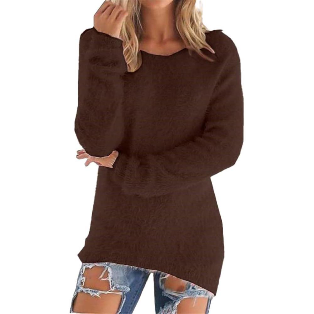 image:imagePull Femme Automne Hiver Col Rond DContract Ample Mohair Tricot Jacquard Couleur Unie Chic Elegant Sweat Femme Polaire Chaud Ample Mode Pullover Manche Longue Pulls Tops Pas CherMarron